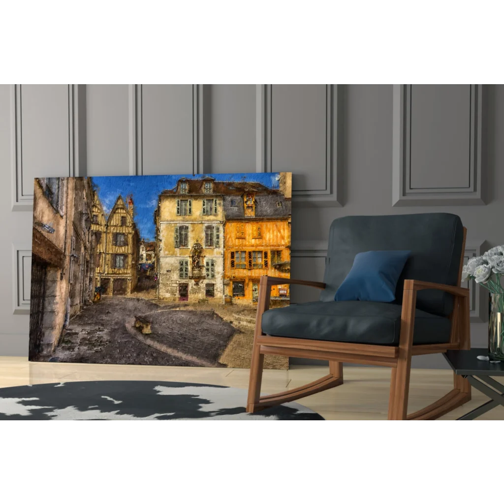 Vintage European cobblestone street canvas wall art in warm yellow tones