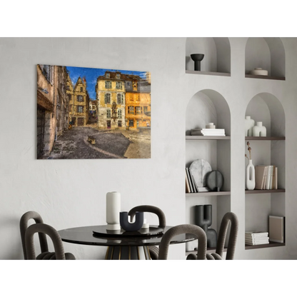Vintage European cobblestone street wall art print with black round dining table