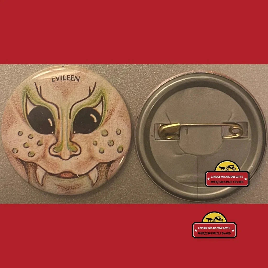 Stylish vintage Evileen pin with a cool alien face design inspired by Garbage Pail Kids