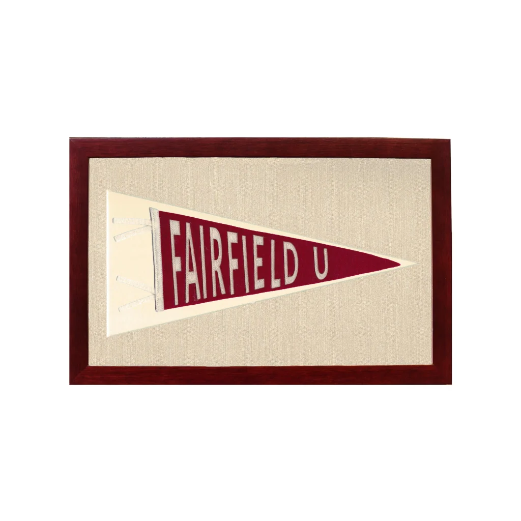Vintage Fairfield University pennant in maroon and cream, framed