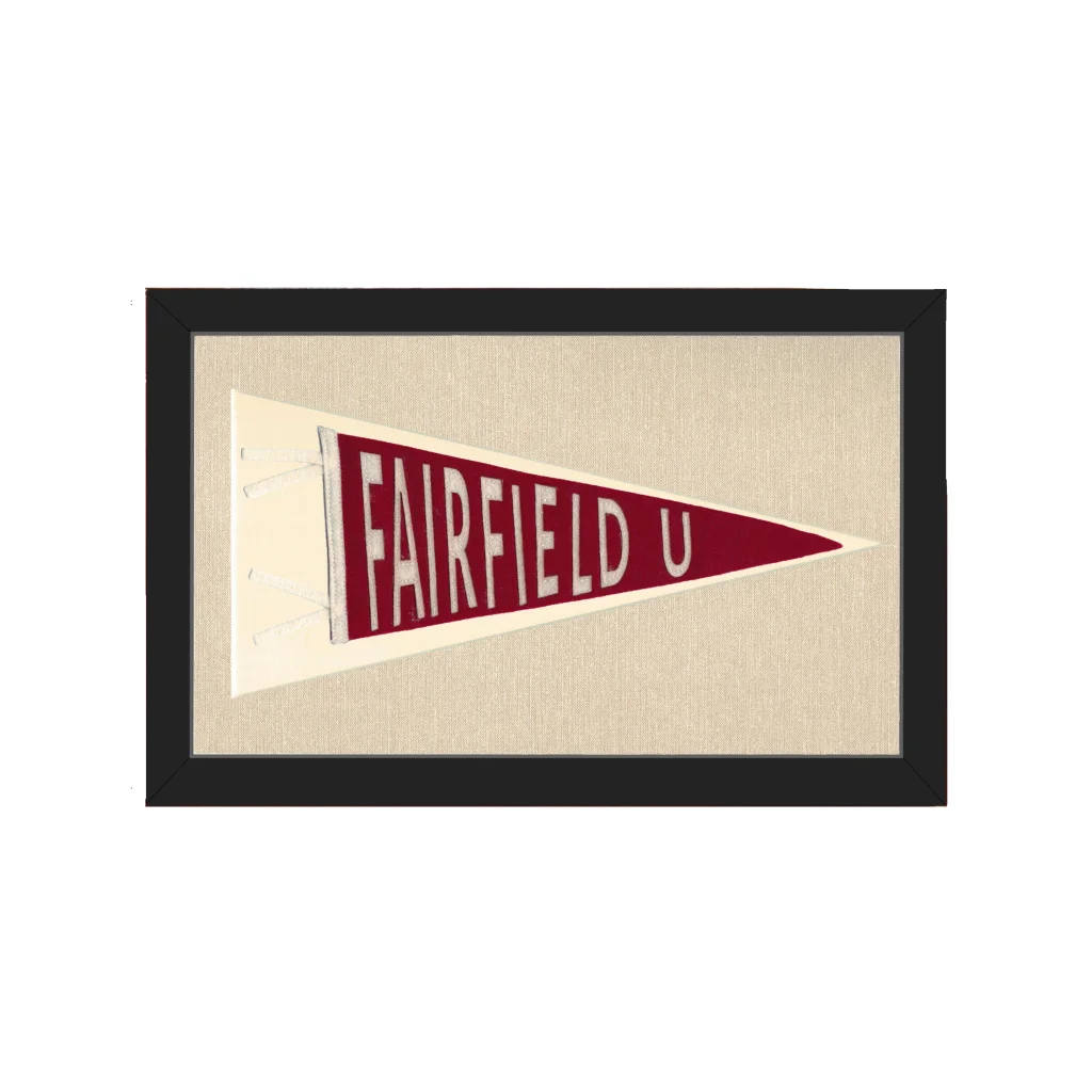 Framed vintage Fairfield University pennant in maroon and cream
