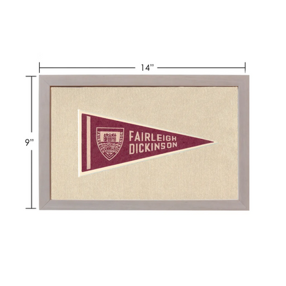 Vintage Fairleigh Dickinson maroon and cream pennant in gray frame
