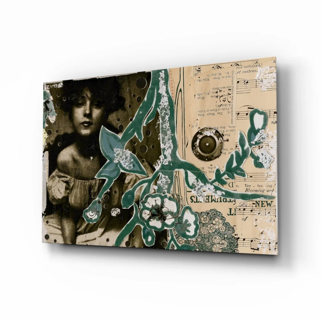 Vintage floral canvas wall art with sepia tones and teal blooms