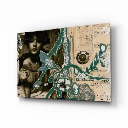 Vintage floral canvas wall art with sepia tones and teal blooms