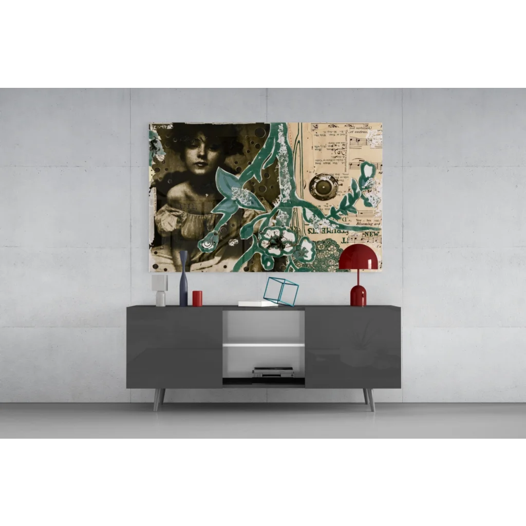 Modern gray lacquered sideboard with silver legs under vintage floral wall art