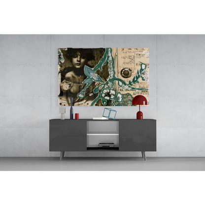 Modern gray lacquered sideboard with silver legs under vintage floral wall art