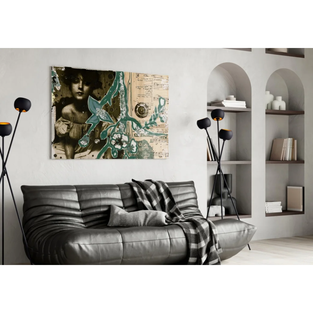 Vintage floral wall art with sepia tones over black leather sofa