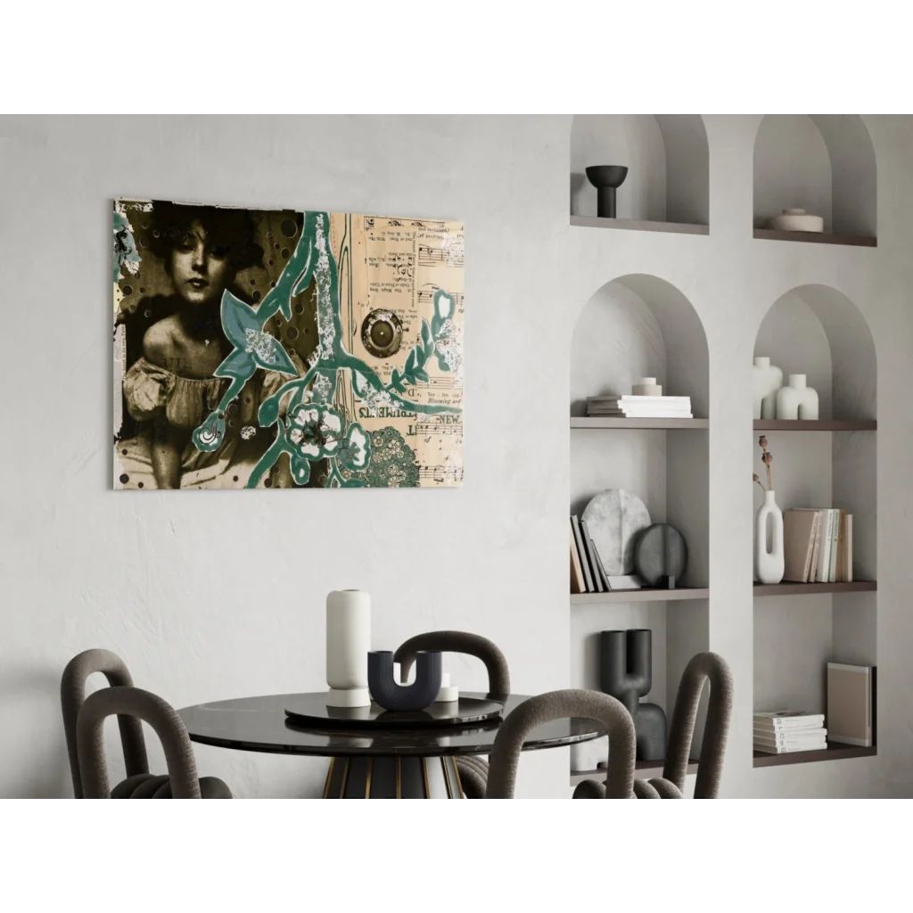 Vintage floral canvas wall art in sepia tones with teal blooms