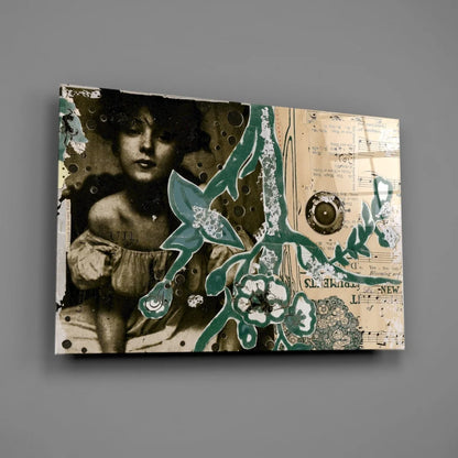 Vintage floral canvas wall art with sepia tones and teal blooms