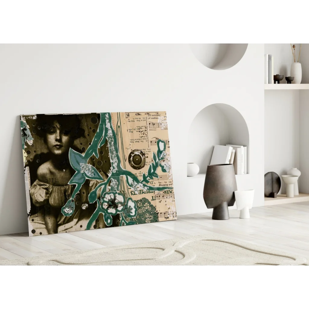 Vintage floral canvas wall art with sepia portrait and teal blooms on white wall