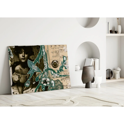 Vintage floral canvas wall art with sepia portrait and teal blooms on white wall