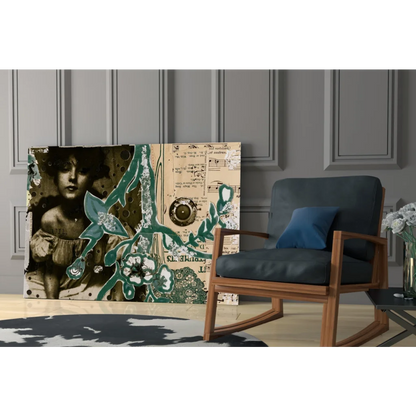 Vintage floral canvas wall art with sepia tones and teal leafy blooms