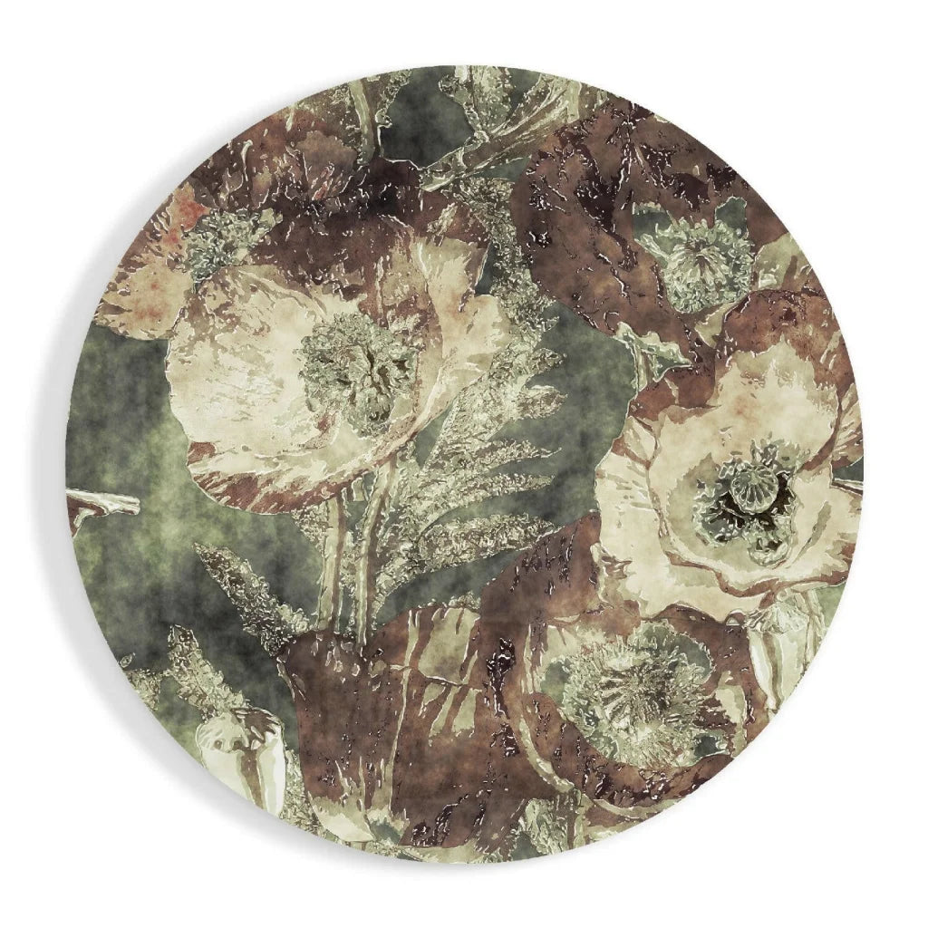 Vintage floral tempered glass art plate in earth tones with size guide