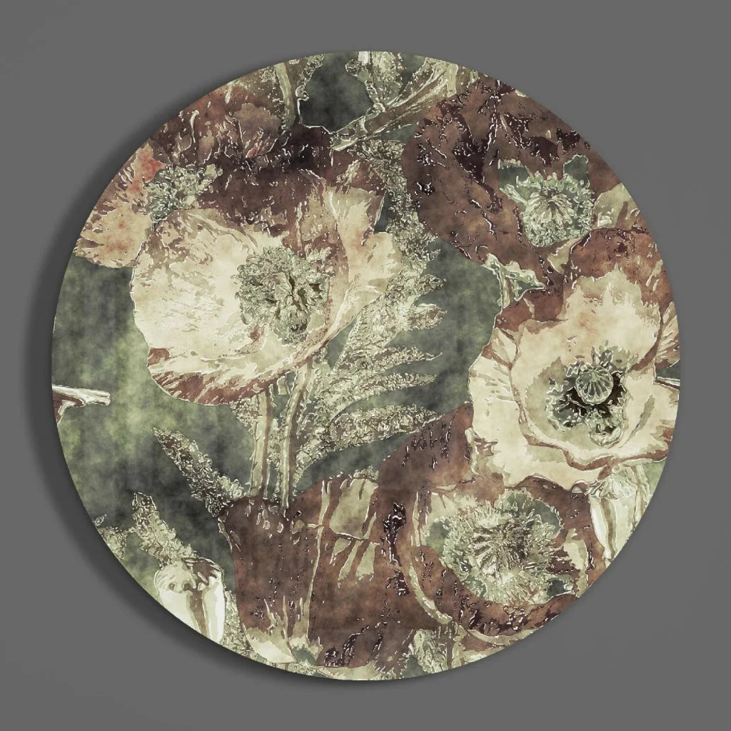 Vintage floral tempered glass art in muted earth tones with size comparison