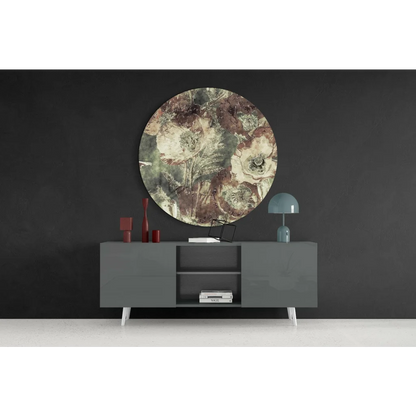 Vintage floral tempered glass art with muted earthy tones and size guide