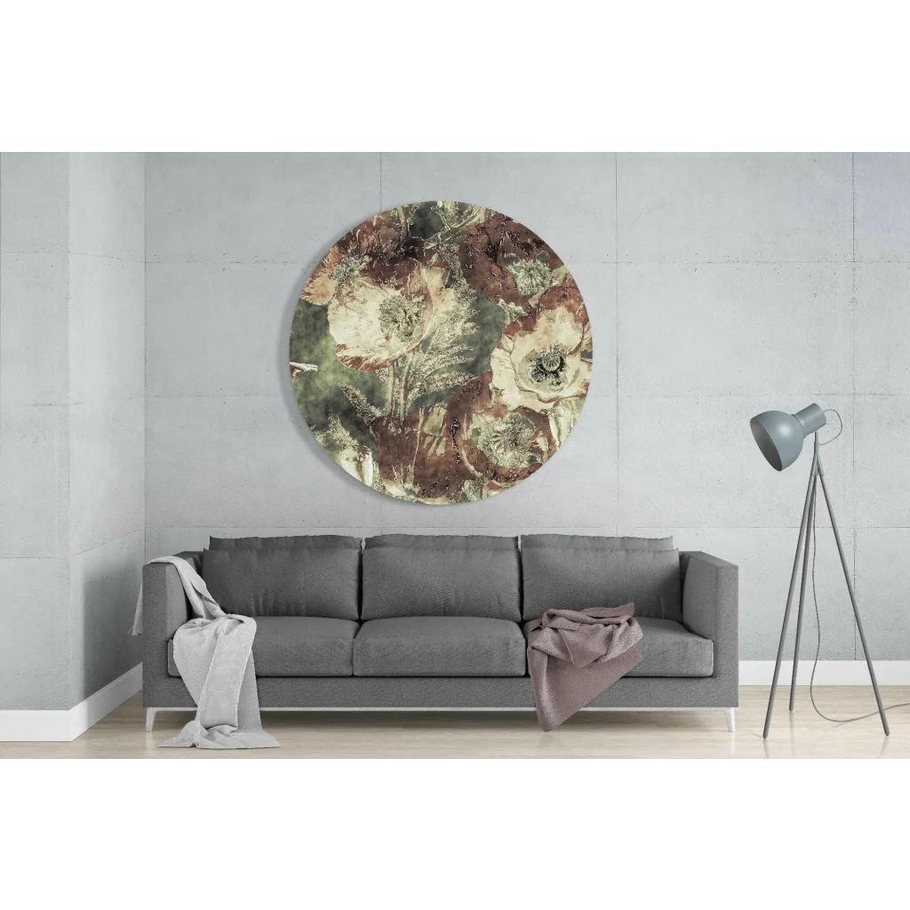 Vintage floral tempered glass art in muted earth tones with size guide