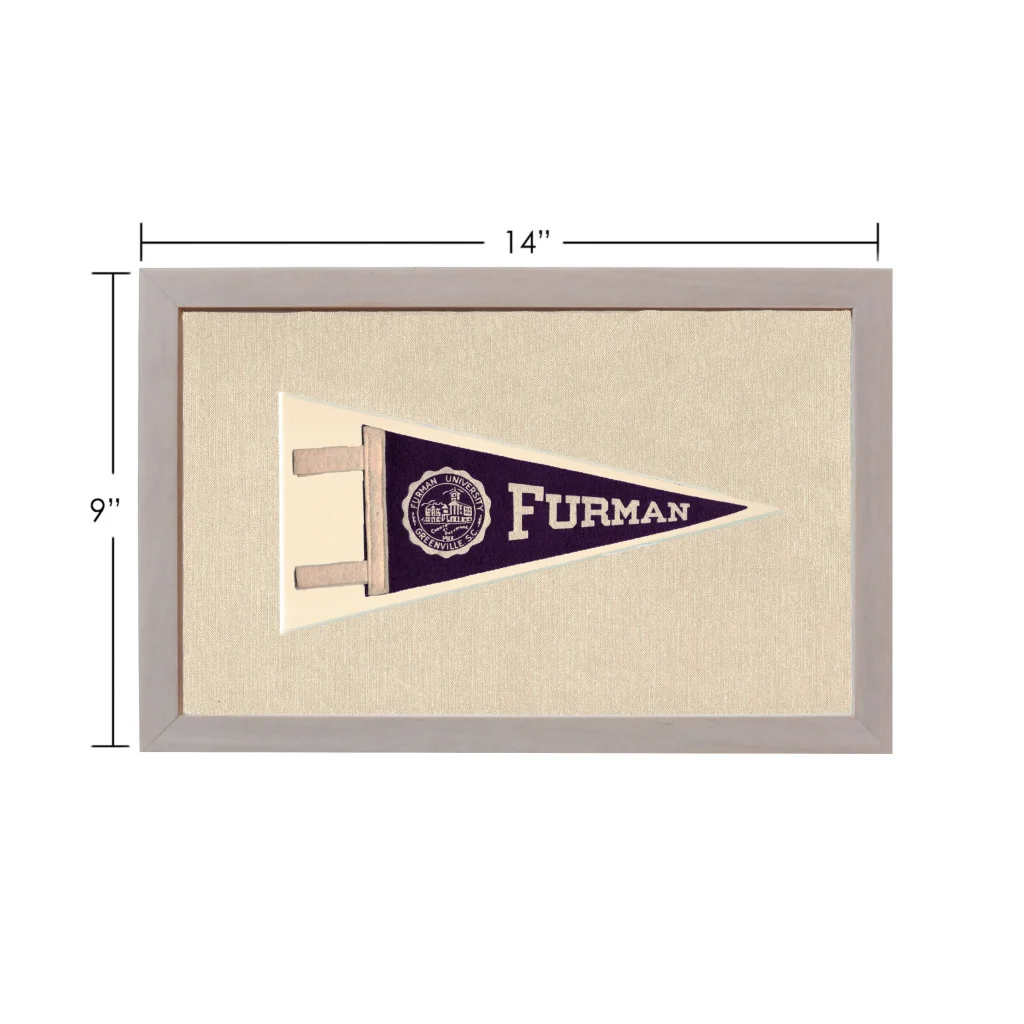 Vintage Furman University pennant framed with navy blue field