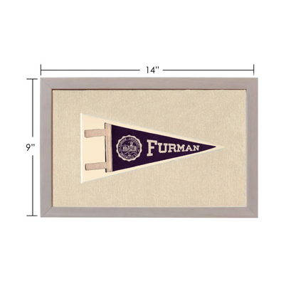 Vintage Furman University pennant framed with navy blue field