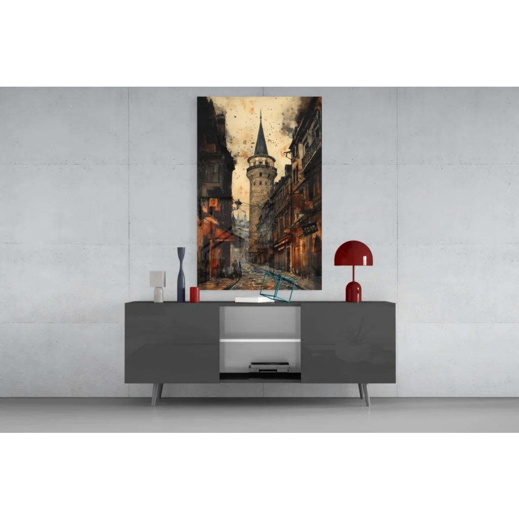 Modern gray sideboard with silver legs in Vintage Galata Tower glass wall art