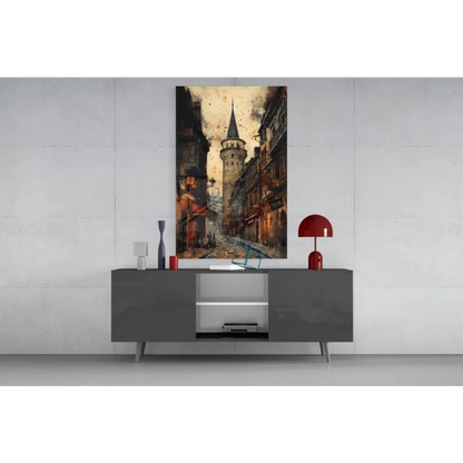 Modern gray sideboard with silver legs in Vintage Galata Tower glass wall art