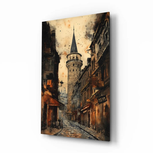 Vintage Galata Tower glass wall art canvas print on cobblestone street