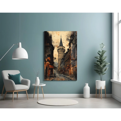 Modern white pendant lamp in Vintage Galata Tower glass wall art