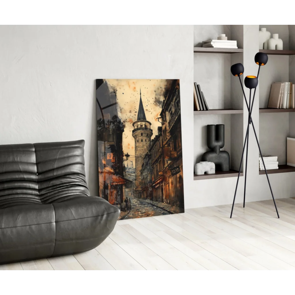 Vintage Galata Tower glass wall art canvas print in 19th-century style