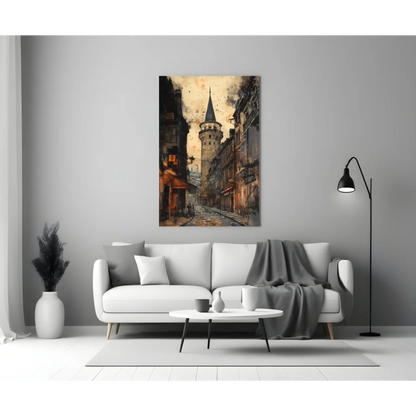 White leather couch with modern metal legs and gray throw blanket under Vintage Galata Tower glass wall art