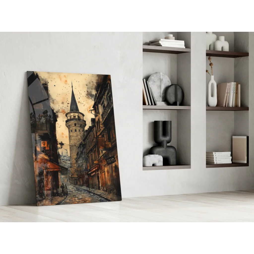 Vintage Galata Tower glass wall art canvas print with aged texture