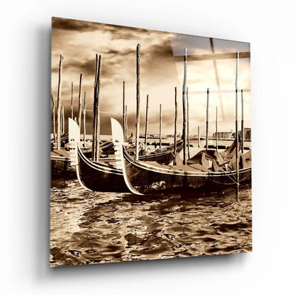 Sepia-toned vintage gondolas on tempered glass wall art