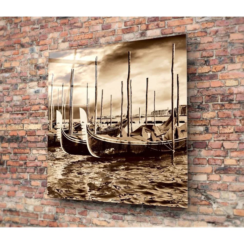 Vintage sepia-toned gondolas mural on brick wall in tempered glass art