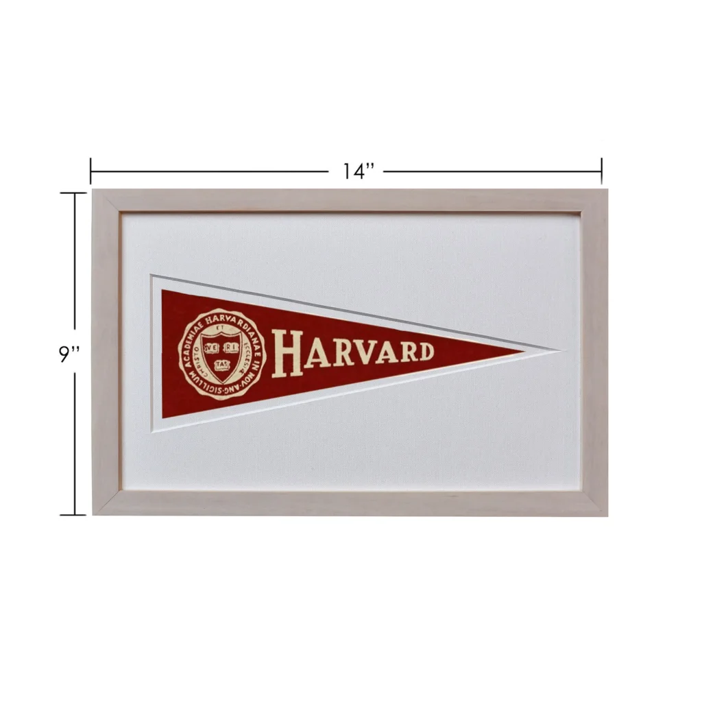 Vintage Harvard Hormel pennant in wool felt, red with cream lettering, beige frame