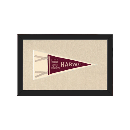 Vintage Harvard pennant in maroon and cream, framed in black