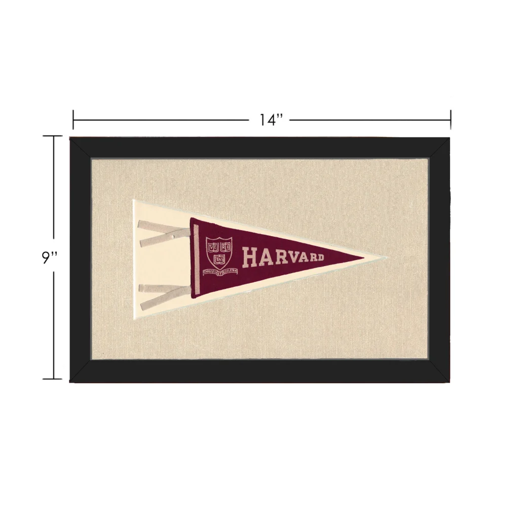Vintage Harvard pennant in maroon and cream, framed in black