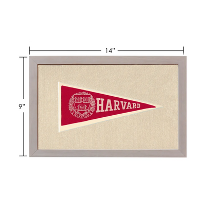 Vintage Harvard pennant in red and cream with white border, framed in gray