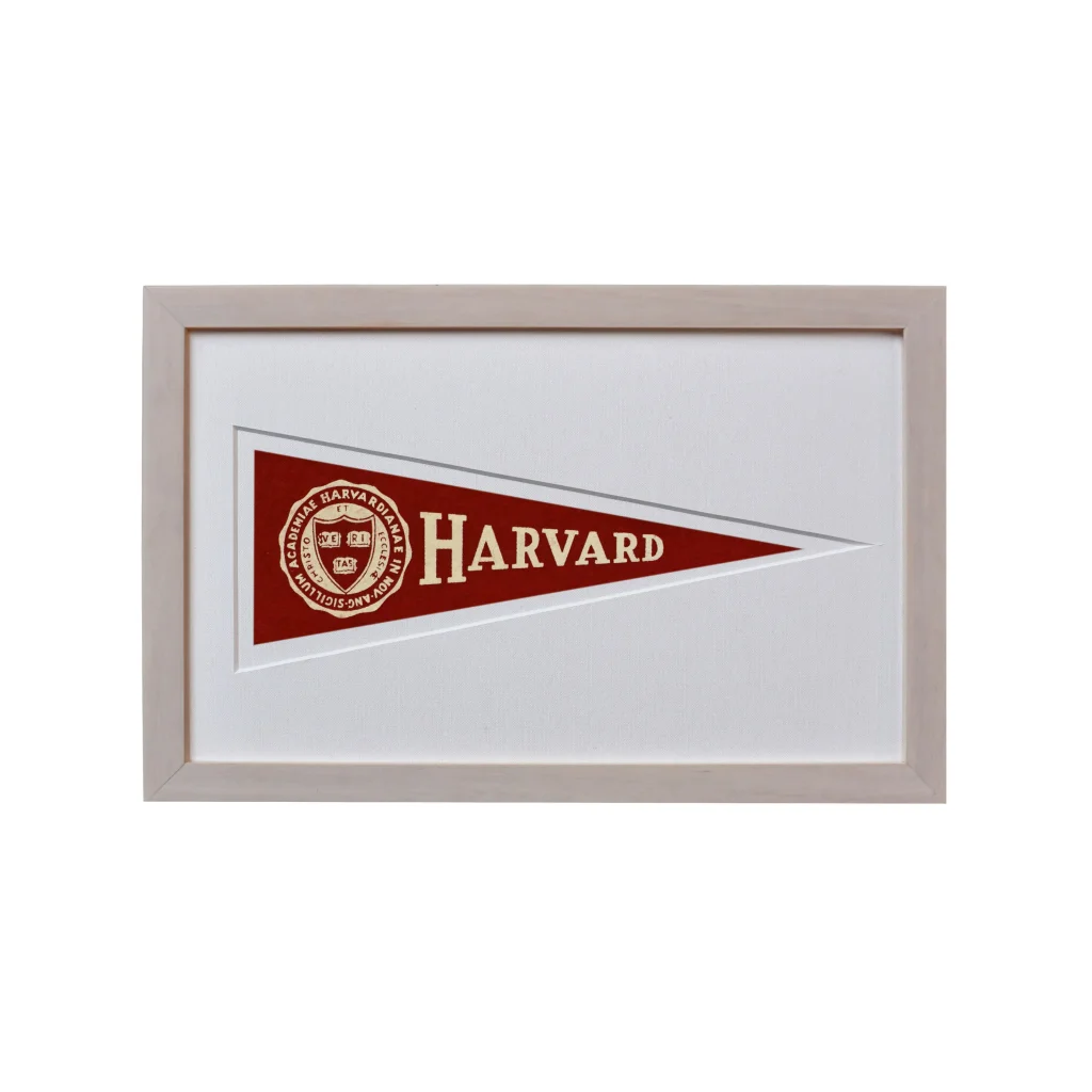 Vintage Harvard wool felt pennant flag in red and gold with silver frame