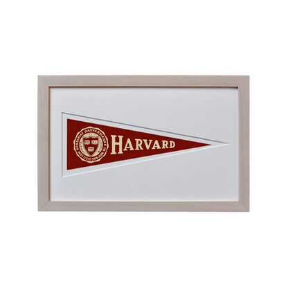 Vintage Harvard wool felt pennant flag in red and gold with silver frame