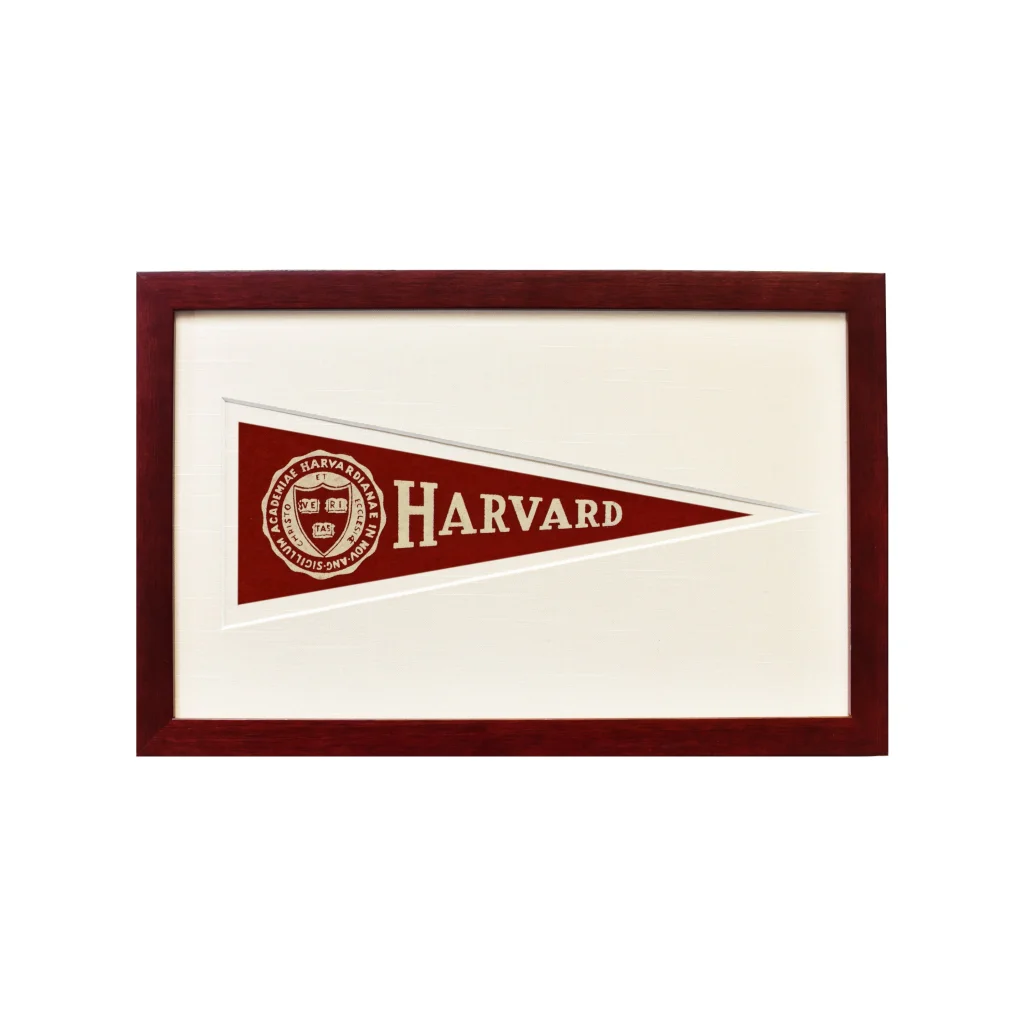 Vintage Harvard wool felt pennant in maroon and cream frame, 1950s style