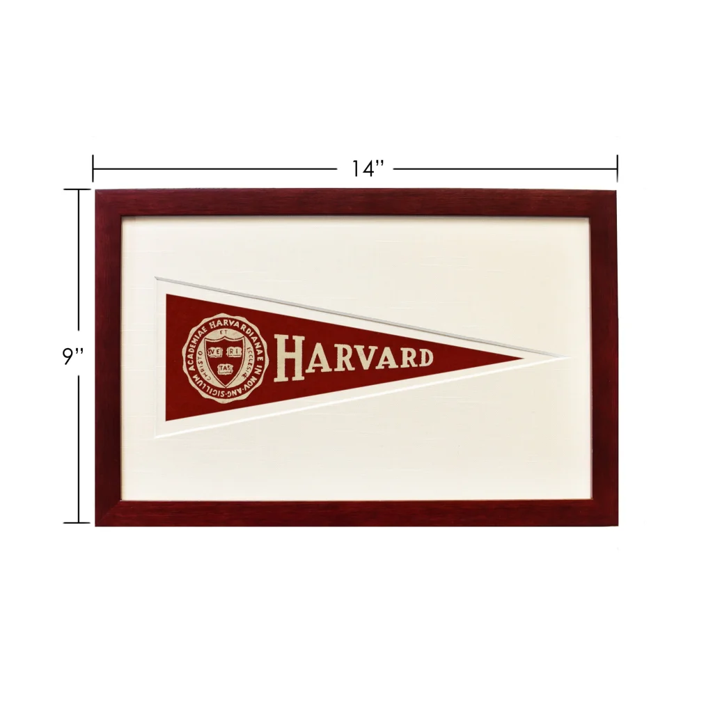 Vintage Harvard wool felt pennant in maroon cream frame
