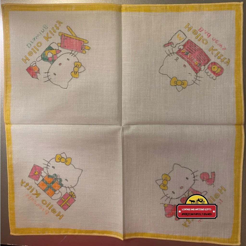 Vintage Hello Kitty Cotton Cloth Napkin Handkerchief Yellow 1980s Advertisements Retro - Authentic Sanrio; Never Opened