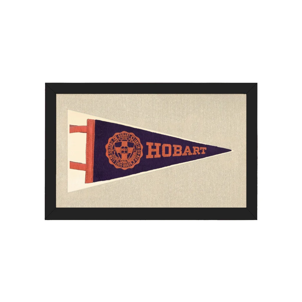 Vintage Hobart college pennant in navy blue orange with black frame