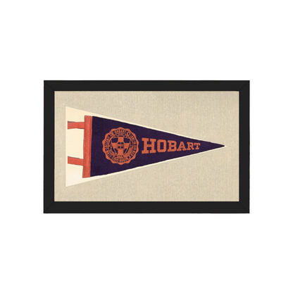 Vintage Hobart college pennant in navy blue orange with black frame