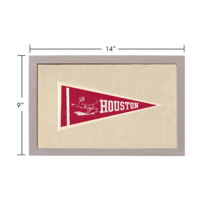 Vintage Houston pennant in red and white, framed in gray