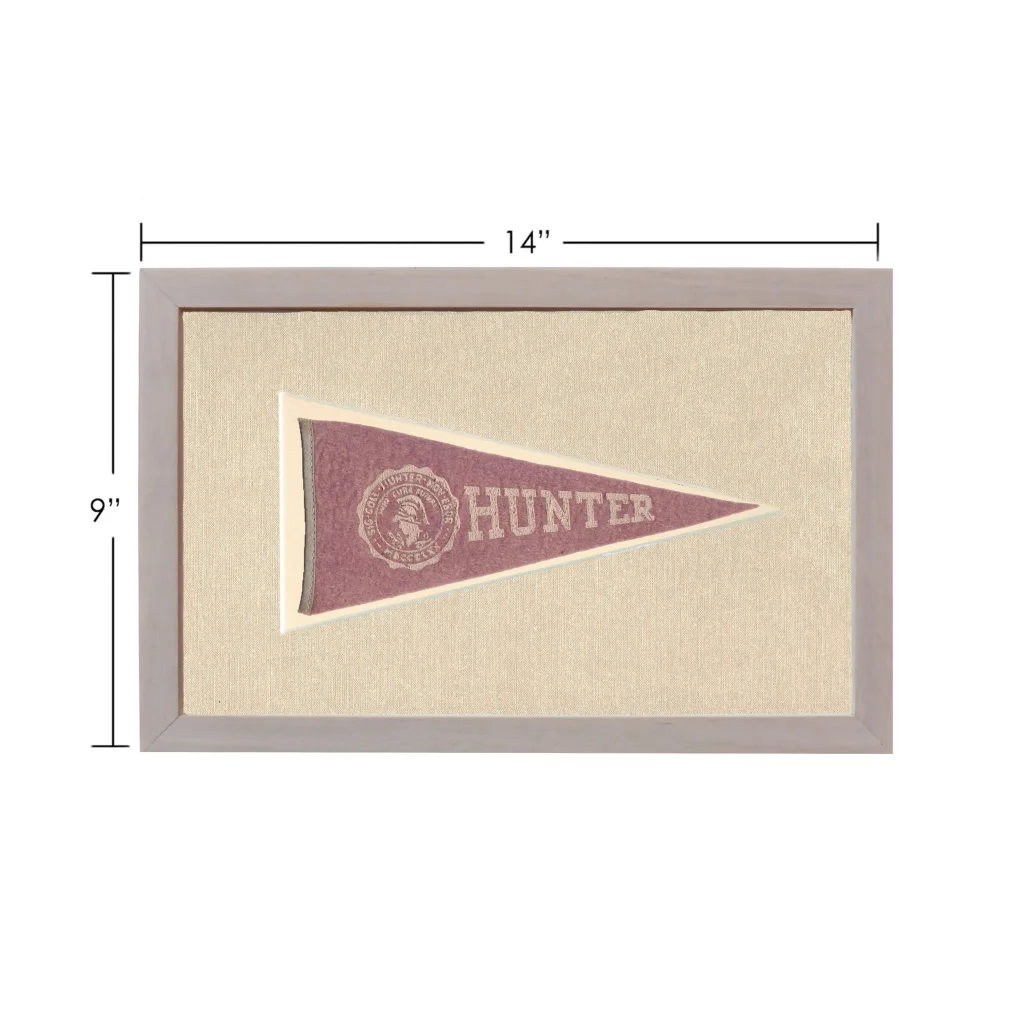 Vintage Hunter College pennant in maroon with white border and bold Hunter embroidery
