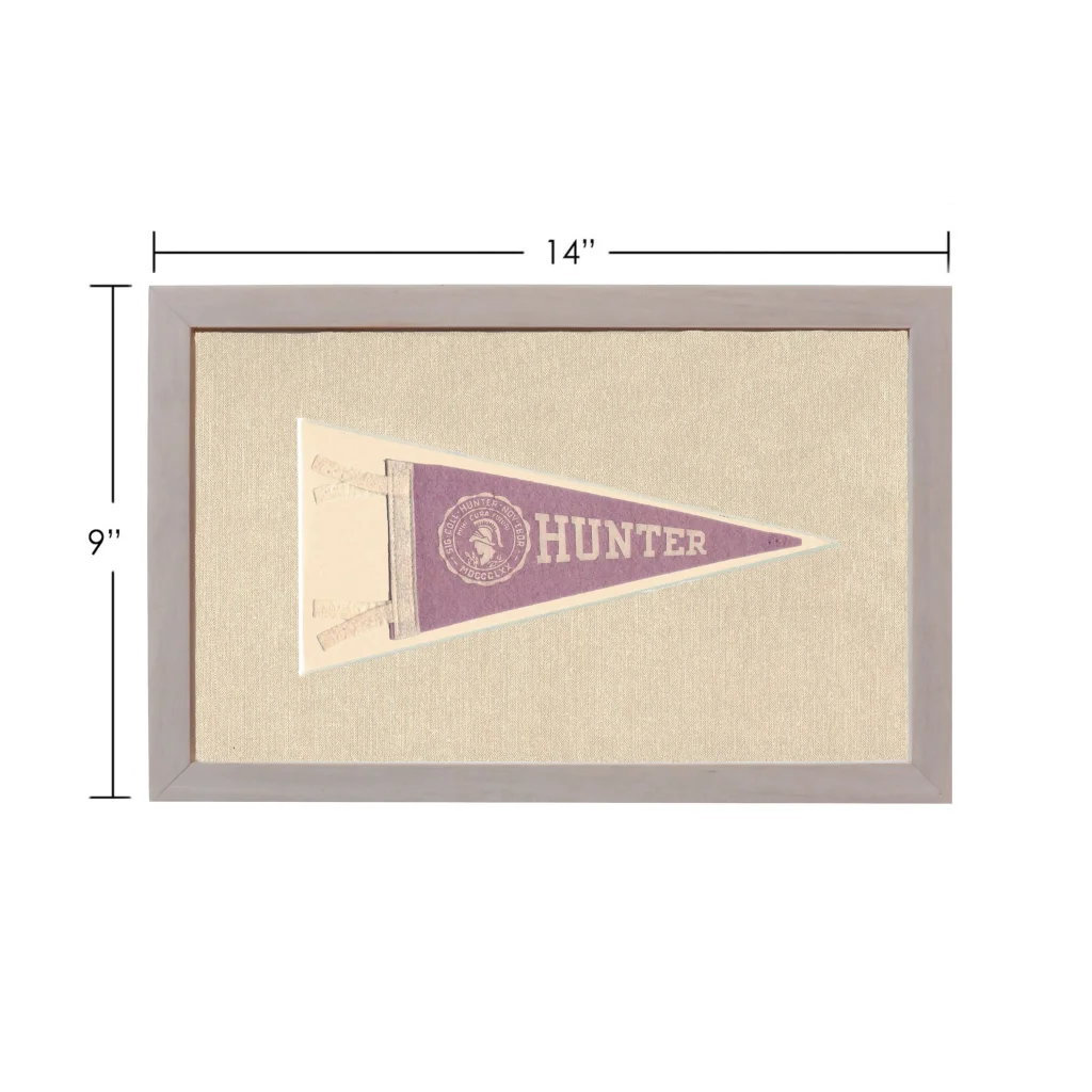Framed purple and cream vintage Hunter College pennant