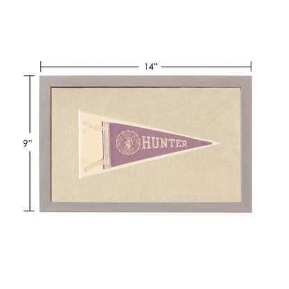 Framed purple and cream vintage Hunter College pennant