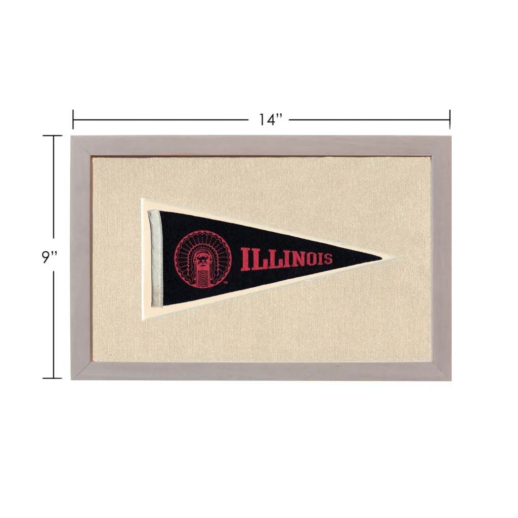 Vintage Illinois pennant with black fabric, red lettering, and native American head logo
