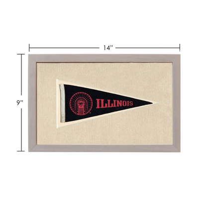 Vintage Illinois pennant with black fabric, red lettering, and native American head logo