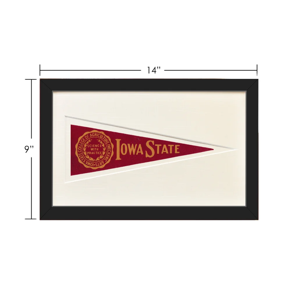Vintage Iowa State 1950s pennant flag, framed 9x14 inch collectible