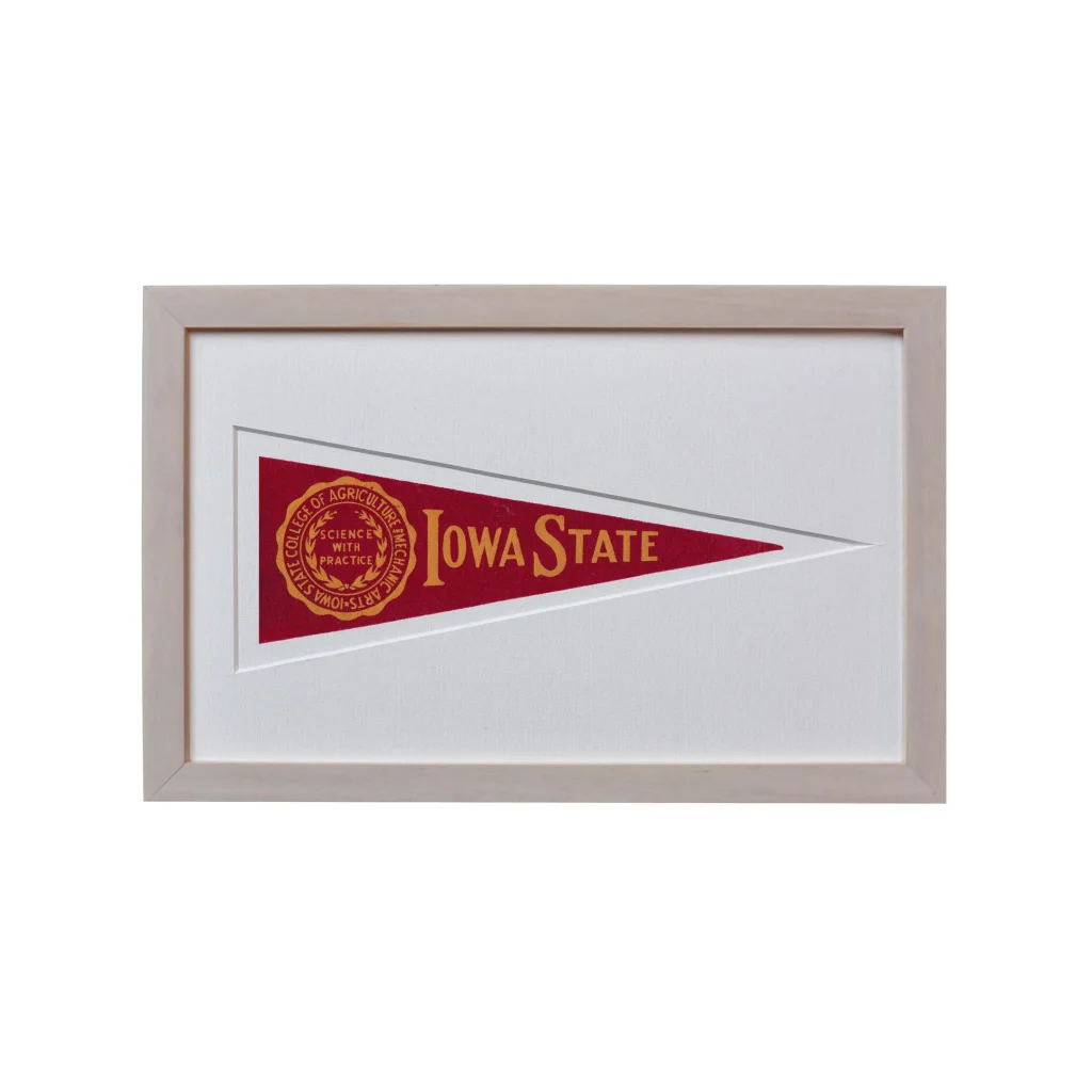 Framed vintage Iowa State pennant from 1950s in maroon and gold